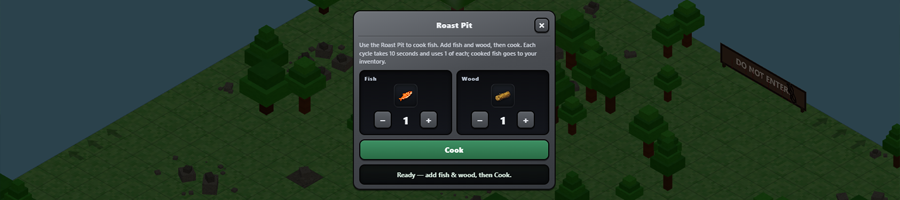 Roast Pit cooking interaction with raw fish in inventory.